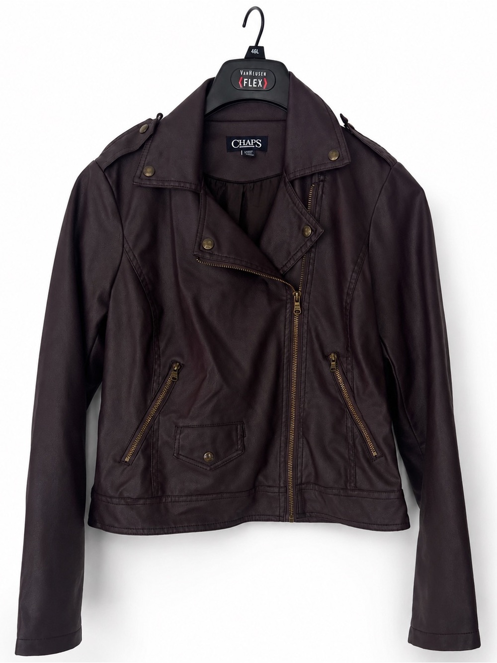 Chaps Faux Leather Moto Jacket Womens Small Brown Biker Asymmetrical Zip Fall Y2